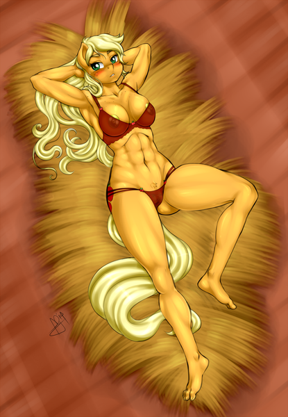 Size: 1731x2500 | Tagged: questionable, artist:pia-sama, derpibooru import, applejack, anthro, plantigrade anthro, art pack:rarity's see-through lingerie collection, abs, applejacked, armpits, barefoot, belly button, bra, breasts, busty applejack, cameltoe, clothes, collarbone, feet, female, hay, image, loose hair, muscles, nipples, nudity, panties, png, pubic fluff, red underwear, see-through, solo, solo female, underwear