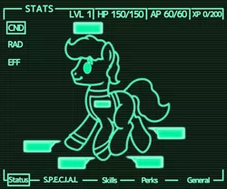 Size: 4096x3400 | Tagged: safe, artist:ponkus, derpibooru import, earth pony, pony, fallout equestria, clothes, fallout, image, male, pipbuck, png, screen, solo, stallion, vault boy, vault suit