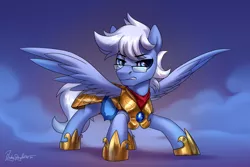 Size: 3000x2000 | Tagged: safe, artist:jedayskayvoker, derpibooru import, oc, oc:daily air, pegasus, pony, armor, clothes, fog, glasses, guard, high res, image, male, png, royal guard, royal guard armor, scarf, solo, stallion, wings