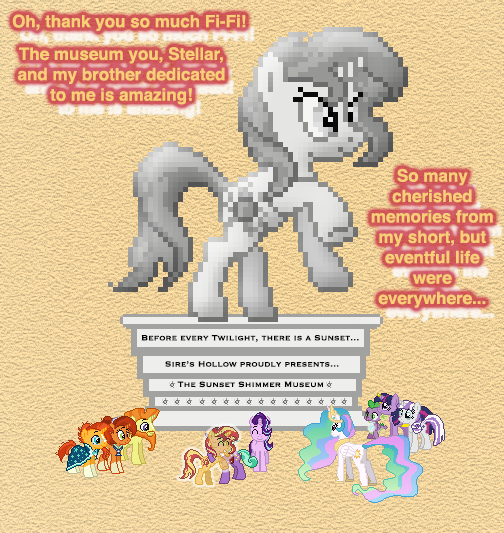 Size: 504x533 | Tagged: safe, artist:verve, derpibooru import, firelight, princess celestia, spike, starlight glimmer, stellar flare, sunburst, sunset shimmer, sunspot (character), twilight sparkle, twilight sparkle (alicorn), twilight velvet, alicorn, dragon, ghost, pony, undead, unicorn, ask genie twilight, female, image, male, mare, pixel art, png, stallion, statue