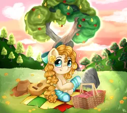 Size: 2500x2230 | Tagged: safe, artist:appleneedle, derpibooru import, pear butter, earth pony, pony, apple, apple tree, basket, cute, female, food, guitar, image, intertwined trees, jpeg, mare, musical instrument, pear tree, pearabetes, picnic basket, picnic blanket, rock, solo, tree