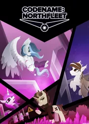 Size: 3500x4824 | Tagged: safe, artist:andaluce, derpibooru import, oc, oc:aleph gray, oc:choco blanc, oc:haze northfleet, oc:violet ultra, unofficial characters only, bat pony, pegasus, unicorn, comic:codename northfleet, clothes, cover art, crystal, image, lineless, png, science fiction, spread wings, sweater, technology, wings
