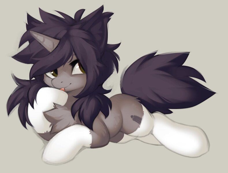 Size: 1507x1144 | Tagged: safe, artist:hioshiru, derpibooru import, oc, oc:kate, unofficial characters only, pony, unicorn, chest fluff, clothes, cute, fluffy, image, jpeg, licking, lying down, prone, seductive, socks, thigh highs, tongue out