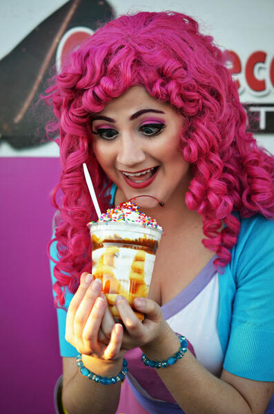 Size: 1024x1546 | Tagged: safe, artist:sarahndipity cosplay, derpibooru import, pinkie pie, human, equestria girls, bracelet, clothes, cosplay, costume, food, ice cream, image, irl, irl human, jewelry, jpeg, open mouth, photo