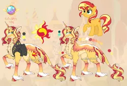 Size: 1280x864 | Tagged: safe, artist:malinraf1615, derpibooru import, sunset shimmer, pony, unicorn, alternate hairstyle, chest fluff, clothes, female, image, jacket, jewelry, jpeg, leather jacket, leg fluff, leonine tail, mare, markings, obtrusive watermark, raised hoof, redesign, reference sheet, ring, simple background, solo, unshorn fetlocks, watermark, wedding ring, yellow background