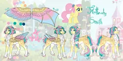 Size: 2288x1141 | Tagged: safe, artist:malinraf1615, derpibooru import, fluttershy, bat pony, pony, alternate hairstyle, bat ponified, chest fluff, ear fluff, female, flower, flower in hair, flutterbat, green background, grin, hybrid wings, image, leg fluff, mare, markings, png, race swap, redesign, reference sheet, simple background, smiling, solo, unshorn fetlocks, wings