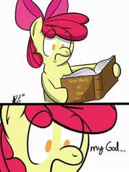 Size: 600x800 | Tagged: safe, artist:nesdoesart, derpibooru import, apple bloom, pony, book, female, filly, image, jpeg, solo, surprised, text