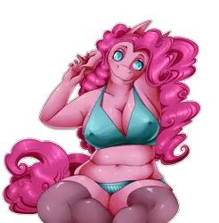 Size: 1807x1839 | Tagged: suggestive, artist:mookierific, derpibooru import, pinkie pie, anthro, earth pony, arm behind head, bra, breasts, chubby, cleavage, clothes, erect nipples, female, image, latex, latex socks, nipple outline, panties, png, simple background, sitting, smiling, socks, solo, solo female, stockings, thigh highs, transparent background, underwear