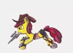 Size: 3501x2550 | Tagged: safe, artist:1vladislav, derpibooru import, apple bloom, pony, clothes, cut, female, filly, gun, hat, image, jpeg, knife, solo, weapon