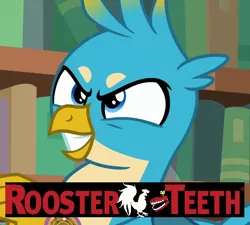 Size: 708x638 | Tagged: safe, derpibooru import, edit, edited screencap, screencap, gallus, bird, gryphon, caption, cropped, evil grin, expand dong, exploitable meme, gallus the rooster, grin, image, image macro, male, meme, png, pun, rooster, rooster teeth, smiling, teeth, text
