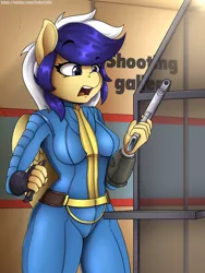 Size: 2894x3850 | Tagged: suggestive, artist:felixf, derpibooru import, oc, oc:animatedpony, anthro, pegasus, fallout equestria, anthro oc, fallout, gun, image, pegasus oc, png, solo, weapon, wings