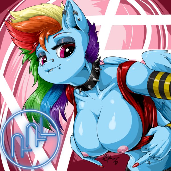 Size: 2000x2000 | Tagged: explicit, artist:aphex, artist:dukepony, artist:lolopan, artist:noodle, rainbow dash, anthro, art pack:pony punk pack, arm warmers, belly button, big breasts, breasts, cleavage, clothes, collar, ear clip, ear piercing, exposed breasts, eyeshadow, flashing, flashing boobs, image, lip bite, looking at you, makeup, nipples, nose piercing, nose ring, nudity, piercing, png, spiked collar, wings