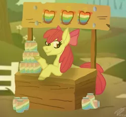 Size: 1558x1440 | Tagged: safe, artist:pinlrose, derpibooru import, apple bloom, pony, apple, female, filly, food, food stand, image, jam, png, solo, zap apple, zap apple jam