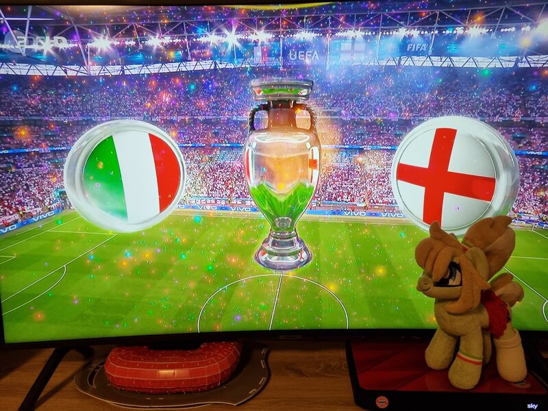 Size: 4032x3024 | Tagged: safe, artist:xeto_de, derpibooru import, oc, oc:milli, england, euro 2020, football, image, irl, italy, jpeg, photo, plushie, sports, television