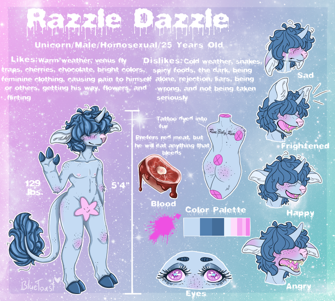 Size: 1000x900 | Tagged: safe, artist:bluet0ast, derpibooru import, oc, oc:razzle dazzle, starfish, blushing, blusing, cloven hooves, hair over eyes, image, male, png, reference sheet, smiling, waving