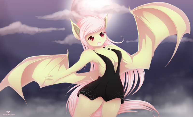 Size: 4856x2952 | Tagged: suggestive, alternate version, artist:pastelmistress, banned from derpibooru, deleted from derpibooru, derpibooru import, fluttershy, anthro, bat pony, armpits, bat ponified, breasts, busty fluttershy, clothes, dress, female, flutterbat, image, nightmare night, png, race swap, solo, solo female