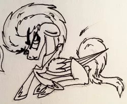 Size: 2151x1752 | Tagged: safe, artist:beamybutt, derpibooru import, oc, unofficial characters only, pegasus, pony, female, hoof shoes, image, jpeg, lineart, lying down, mare, pegasus oc, prone, raised hoof, signature, solo, traditional art, wings