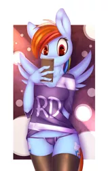 Size: 3048x4800 | Tagged: suggestive, artist:omi, banned from derpibooru, deleted from derpibooru, derpibooru import, rainbow dash, anthro, art pack:selfie, both cutie marks, clothes, female, image, mobile phone, panties, phone, png, selfie, shirt, socks, solo, solo female, spread wings, thigh highs, t-shirt, underwear, wings