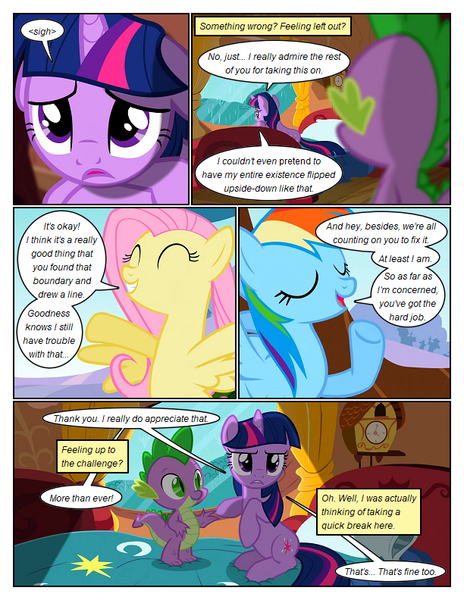 Size: 612x792 | Tagged: safe, artist:newbiespud, derpibooru import, edit, edited screencap, screencap, fluttershy, rainbow dash, spike, twilight sparkle, dragon, pegasus, pony, unicorn, comic:friendship is dragons, annoyed, bed, clock, comic, dialogue, eyelashes, eyes closed, female, horn, image, indoors, male, mare, png, raised hoof, screencap comic, smiling, underhoof, unicorn twilight, wings