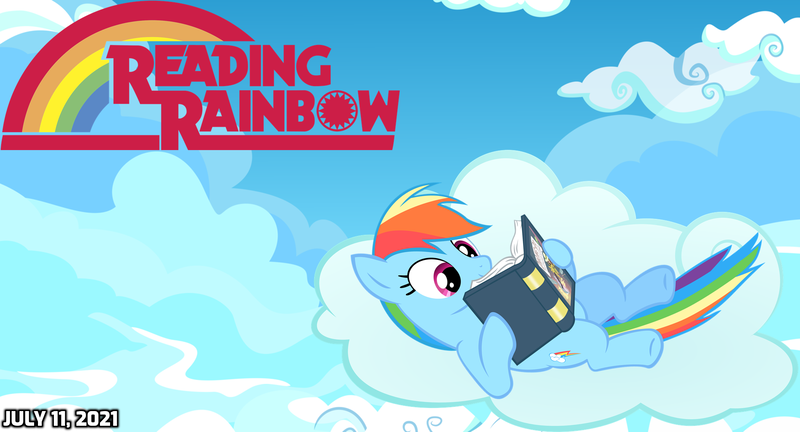 Size: 2064x1114 | Tagged: safe, artist:not-yet-a-brony, derpibooru import, daring do, rainbow dash, pegasus, book, cloud, daring do book, exploitable meme, image, logo, lyrics in the description, meme, png, reading, reading rainbow, show reference, sky, title, youtube link in the description