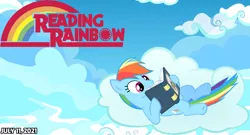 Size: 2064x1114 | Tagged: safe, artist:not-yet-a-brony, derpibooru import, daring do, rainbow dash, pegasus, book, cloud, daring do book, exploitable meme, image, logo, lyrics in the description, meme, png, reading, reading rainbow, show reference, sky, title, youtube link in the description