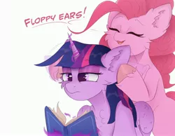 Size: 4096x3186 | Tagged: safe, artist:ponyangle, derpibooru import, pinkie pie, twilight sparkle, twilight sparkle (alicorn), alicorn, earth pony, pony, book, ear fluff, female, floppy ears, fluffy, funny, image, jpeg, lesbian, magic, mare, shipping, simple background, text, twilight is not amused, twinkie, unamused, unshorn fetlocks, white background