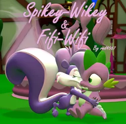 Size: 1104x1080 | Tagged: safe, artist:red4567, derpibooru import, spike, fanfic, fanfic:spikey-wikey & fifi-wifi, 3d, crossover, crossover shipping, fanfic art, fanfic cover, fifi la fume, image, kissing, link in description, one sided shipping, png, shipping, skunk stripe, source filmmaker, tiny toon adventures