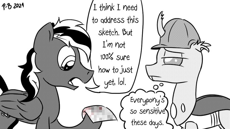 Size: 1200x675 | Tagged: safe, artist:pony-berserker, derpibooru import, oc, oc:berzie, oc:midnight blaze, changedling, changeling, pegasus, hard hat, image, jpeg, meta, pony-berserker's twitter sketches, sketch, stippling