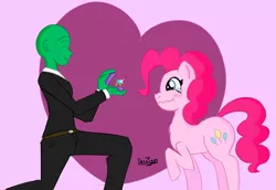 Size: 3578x2462 | Tagged: safe, artist:datzigga, derpibooru import, pinkie pie, oc, oc:anon, earth pony, human, pony, cute, diapinkes, image, jewelry, marriage proposal, png, ring, romantic, wavy mouth, wedding ring