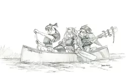 Size: 1500x905 | Tagged: safe, artist:baron engel, derpibooru import, apple bloom, scootaloo, sweetie belle, anthro, earth pony, pegasus, snake, unicorn, canoe, cutie mark crusaders, female, grayscale, image, jpeg, lifejacket, monochrome, pencil drawing, traditional art, trio