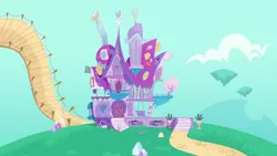 Size: 1920x1080 | Tagged: safe, derpibooru import, screencap, my little pony: pony life, the debut taunt, spoiler:pony life s01e24, bridge, crystal, floating island, image, no pony, png, rarity's house, scenic ponyville