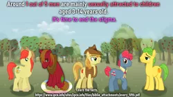 Size: 2000x1125 | Tagged: safe, derpibooru import, apple bloom, applejack, big macintosh, braeburn, bright mac, granny smith, earth pony, pony, apple, apple family, apple family member, cowboy hat, flag, food, hat, image, male, op is a duck, pedophilia, png, sad, stallion, statistics, sweet apple acres, text