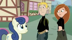 Size: 2048x1152 | Tagged: safe, derpibooru import, bon bon, sweetie drops, human, pony, clothes, female, image, jpeg, kim possible, kim possible meets my little pony, looking at each other, male