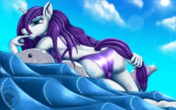 Size: 1920x1200 | Tagged: suggestive, artist:quakehoof, derpibooru import, rarity, anthro, unguligrade anthro, ass, bikini, biting, breasts, busty rarity, butt, cameltoe, clothes, finger bite, image, inflatable toy, jpeg, lens flare, looking at you, ocean, presenting, rearity, swimsuit, tight fit, wave, wet, wet mane, wet mane rarity