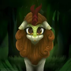 Size: 4096x4096 | Tagged: safe, artist:darbedarmoc, derpibooru import, kirin, chest fluff, cute, ear fluff, forest, grass, horn, image, jpeg, looking at you, solo, sunlight, tongue out, tree, vine