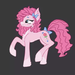 Size: 1080x1080 | Tagged: safe, artist:droopihorn, derpibooru import, pinkie pie, earth pony, pony, alternate cutie mark, alternate design, bow, chest fluff, dark background, eyelashes, female, image, jpeg, mare, raised hoof, smiling, solo, tail bow