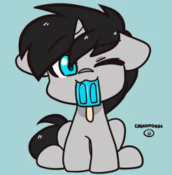 Size: 1969x2000 | Tagged: safe, artist:cottonsweets, derpibooru import, oc, oc:cyan delta, unicorn, commission, cute, floppy ears, food, image, male, one eye closed, png, popsicle, solo, ych result