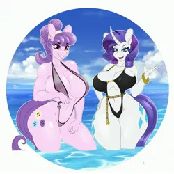 Size: 4096x4096 | Tagged: suggestive, artist:tatemil, derpibooru import, rarity, suri polomare, anthro, absolute cleavage, bikini, breasts, cleavage, clothes, duo, duo female, female, image, jpeg, swimsuit