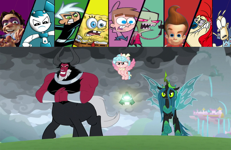 Size: 1342x869 | Tagged: safe, artist:kayman13, derpibooru import, cozy glow, lord tirek, queen chrysalis, alicorn, changeling, changeling queen, the ending of the end, alicornified, bell, cozycorn, danny phantom, female, grogar's bell, image, invader zim, jenny wakeman, jimmy neutron, jpeg, legion of doom, meme, my life as a teenage robot, race swap, reaction, ren and stimpy, rocko, rocko's modern life, spongebob squarepants, spongebob squarepants (character), stimpy, tak, the fairly oddparents, timmy turner, ultimate chrysalis, zim