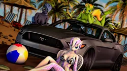 Size: 3840x2160 | Tagged: suggestive, artist:arcanetesla, derpibooru import, oc, oc:ari, oc:heavy rain, oc:mysti tesla, unofficial characters only, anthro, pegasus, unicorn, beach, big breasts, bikini, breasts, busty mysti tesla, car, clothes, image, looking at you, mustang, png, sand, swimsuit