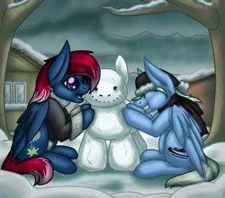 Size: 1700x1500 | Tagged: safe, artist:janeander, derpibooru import, oc, oc:snap roll, oc:tailwind, unofficial characters only, pegasus, pony, clothes, commission, female, image, mare, png, scarf, snowman, winter, ych result