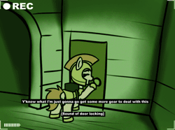 Size: 1294x961 | Tagged: safe, artist:neuro, derpibooru import, oc, unofficial characters only, earth pony, ghost, pony, undead, animated, armor, camera, camera shot, dialogue, earth pony oc, eyes closed, female, gif, guardsmare, haunted house, helmet, hoof shoes, image, mare, night vision, offscreen character, open mouth, phasmophobia, pov, proton pack, royal guard, solo, spirit leaving body, subtitles