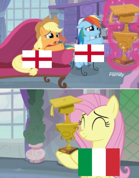 Size: 1292x1652 | Tagged: safe, derpibooru import, edit, edited screencap, screencap, applejack, fluttershy, rainbow dash, non-compete clause, england, eqg flag-tag meme, euro 2020, image, italy, jpeg, trophy