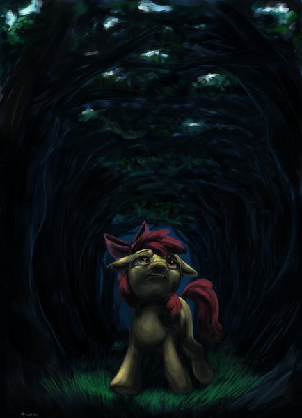 Size: 4344x6000 | Tagged: safe, artist:misstwipietwins, derpibooru import, apple bloom, earth pony, pony, story of the blanks, forest, image, png, tree