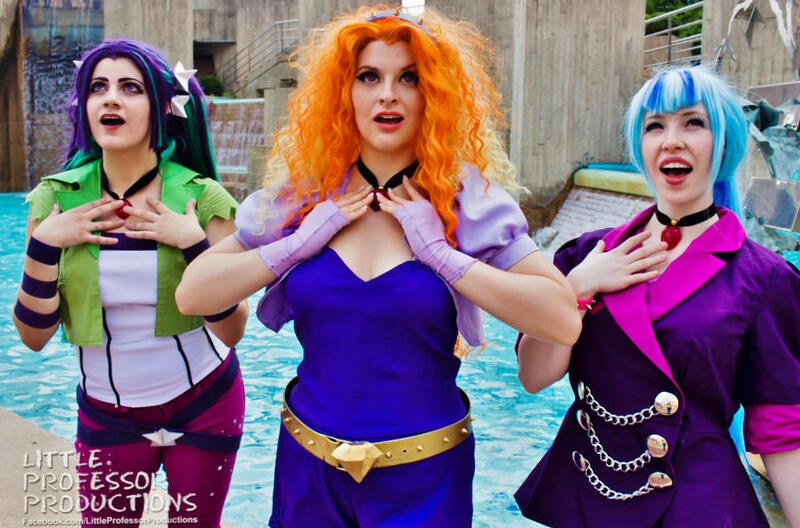 Size: 992x655 | Tagged: safe, artist:littlemissbloo, artist:littleprofessorproductions, artist:sarahndipity cosplay, artist:shelbeanie, derpibooru import, adagio dazzle, aria blaze, sonata dusk, human, bronycon, bronycon 2015, 2015, clothes, cosplay, costume, image, irl, irl human, jpeg, open mouth, photo, the dazzlings