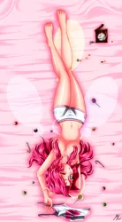 Size: 2093x3793 | Tagged: suggestive, artist:mauroz, derpibooru import, pinkie pie, human, anime, bed, belly button, breasts, busty pinkie pie, clothes, commission, covered nipples, feet, food, godiva hair, humanized, image, open mouth, partial nudity, png, strategically covered, topless