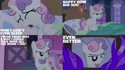 Size: 1280x720 | Tagged: safe, derpibooru import, edit, edited screencap, editor:quoterific, screencap, sweetie belle, pony, unicorn, for whom the sweetie belle toils, season 4, bed, blanket, carousel boutique, eyes closed, female, filly, grin, image, night, open mouth, pillow, png, smiling, solo