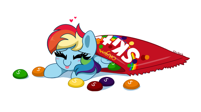 Size: 5462x3067 | Tagged: safe, artist:kittyrosie, derpibooru import, rainbow dash, pegasus, pony, blushing, candy, food, happy, heart, image, micro, png, skittles, smiling