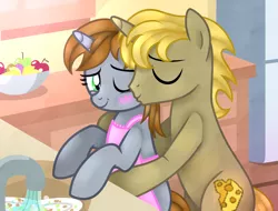 Size: 2079x1578 | Tagged: safe, anonymous artist, derpibooru import, oc, oc:littlepip, oc:monterey jack, unofficial characters only, unicorn, fallout equestria, apron, blushing, clothes, commission, crackship, female, hetero littlepip, image, kissing, male, married, png, sink, straight, ych result