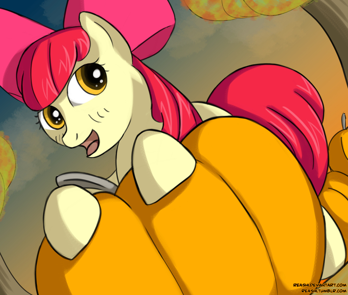 Size: 2866x2429 | Tagged: safe, artist:reashi, derpibooru import, apple bloom, pony, female, filly, image, jpeg, pumpkin, solo